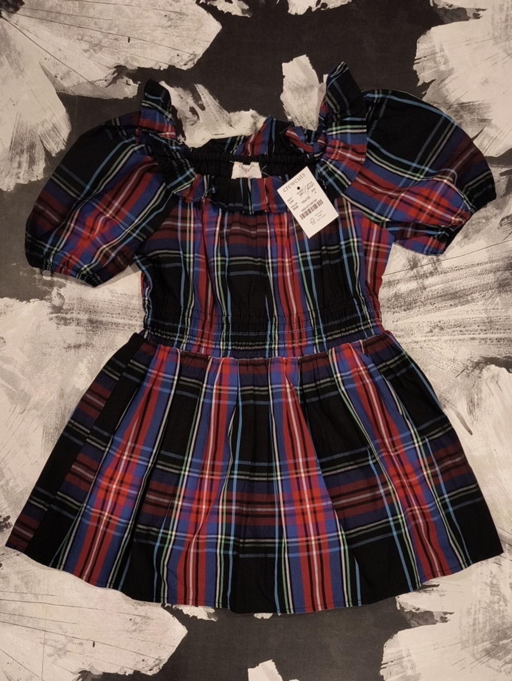 Crewcuts Black Plaid Puff Sleeve Dress with Red & Blue Stripes